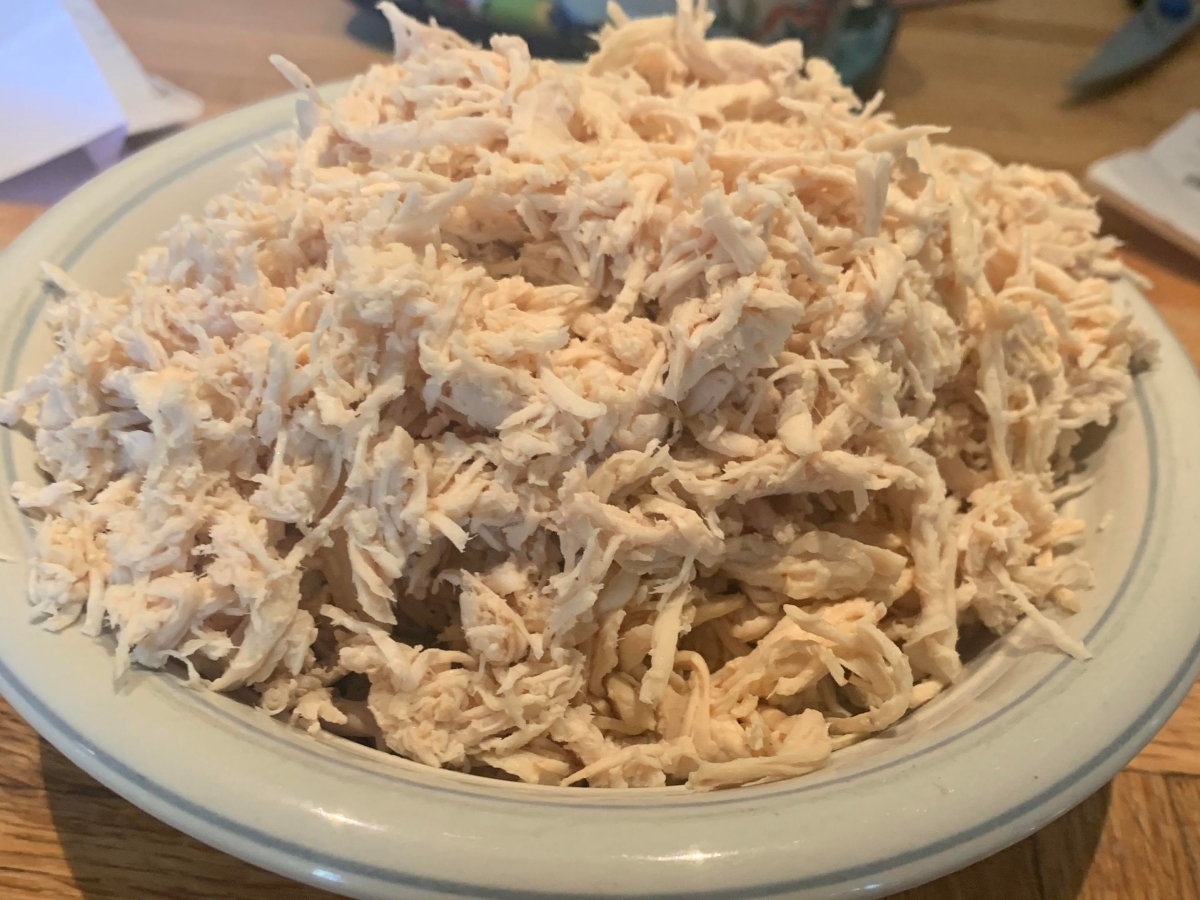 bowl of shredded chicken.